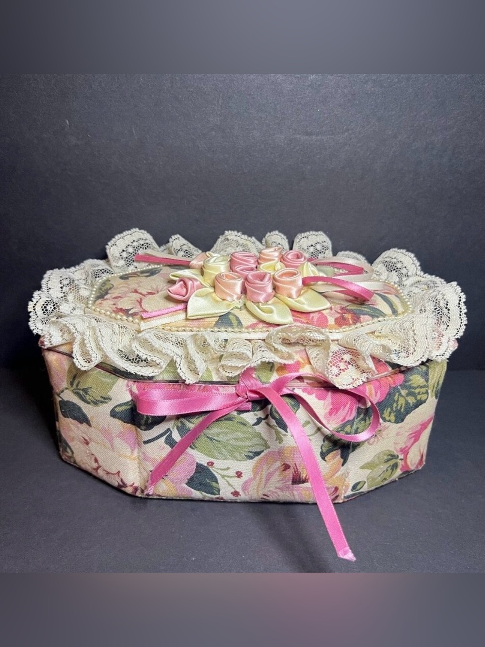 Vintage Ruffled Lace Ribbon & Floral Applique Fabric Octagon Jewelry Trinket Box
